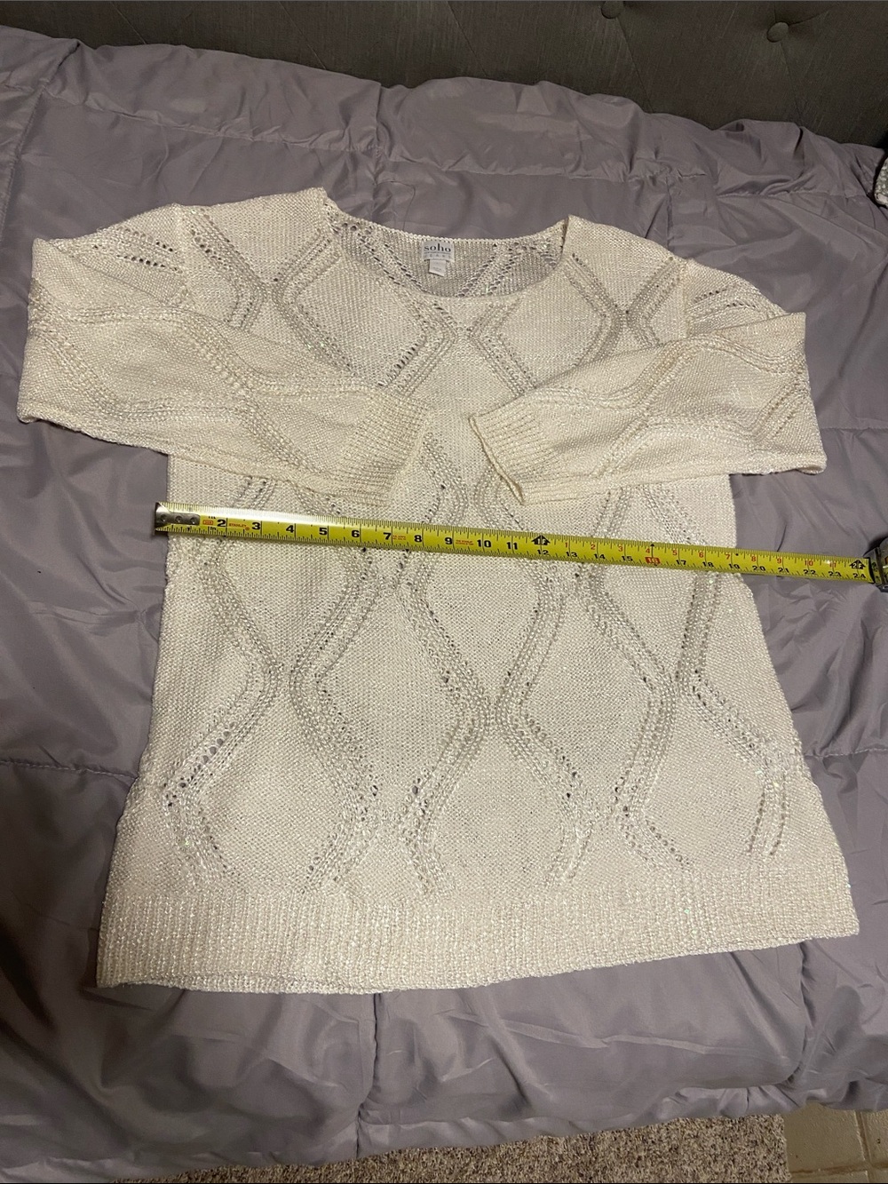 Soho Cream Open-Weave Diamond Knit Crewneck Sweater